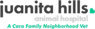 Logo reading "juanita hills animal hospital" with a small heart icon. The subtitle says "A Cara Family Neighborhood Vet" in teal.